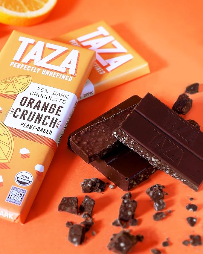 Taza Chocolate Organic Smooth &amp Crunchy Bars 70% Stone Ground Orange Crunch 2.5 Ounces (10 Count) Vegan