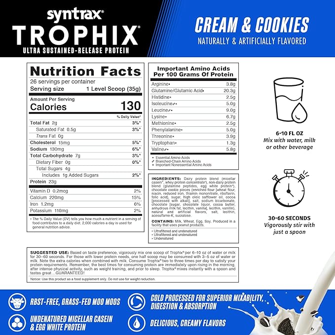 Syntrax Nutrition Trophix Ultra Sustained-Release Protein Powder Blend Real Cookie Pieces Cream &amp Cookies 2 lbs