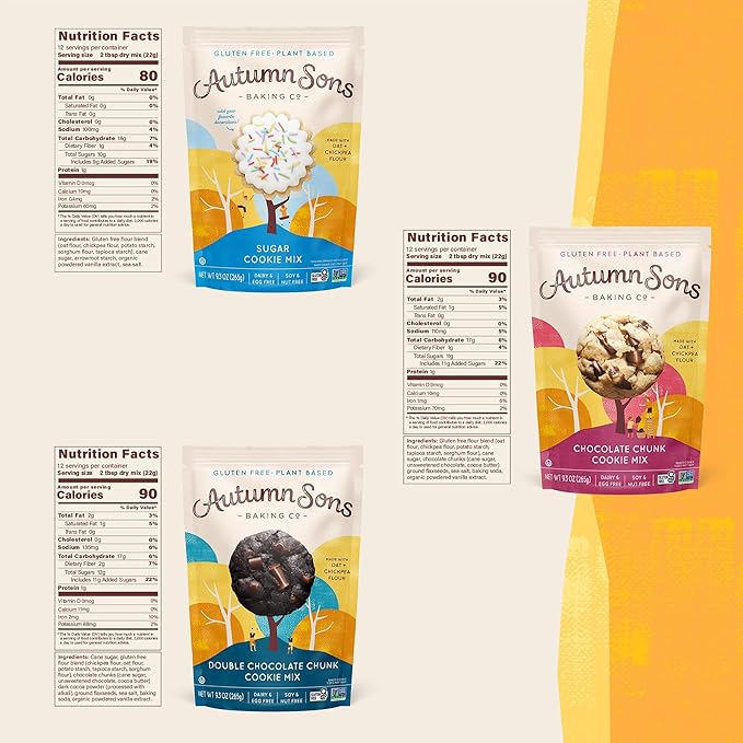 Autumn Sons Baking Co. Gluten Free Cookie Mix Variety Pack. Sugar Cookie Chocolate Chunk &amp Double Chocolate Chunk. Vegan Plant Based Baking Mix. Top 9 Allergen Free. 9.3 oz (Pack of 3)