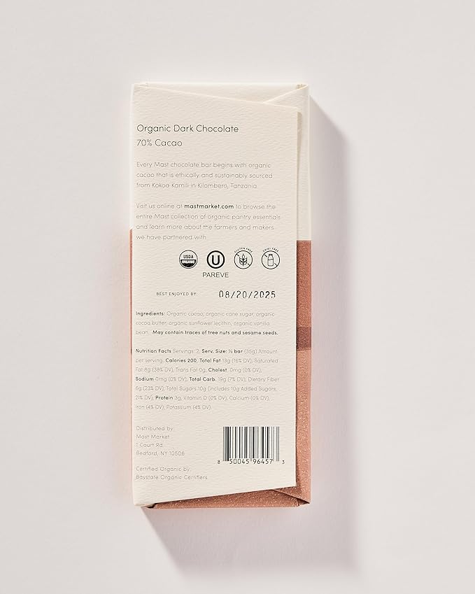 Mast Chocolate Bars | 6 pack | Organic Kosher | Classic 2.5oz each (6 Bars Organic Dark Chocolate 70% Cacao)