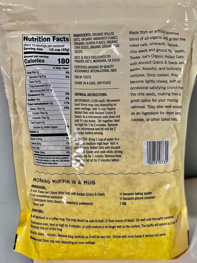 Trader Joe's Gluten Free Organic Rolled Oats with Ancient Grains &amp Seeds Blend of Rolled Oats Amaranth Quinoa Chia Seeds Ground Flax Seeds 41 grams of Whole Grains per Serving Good source o
