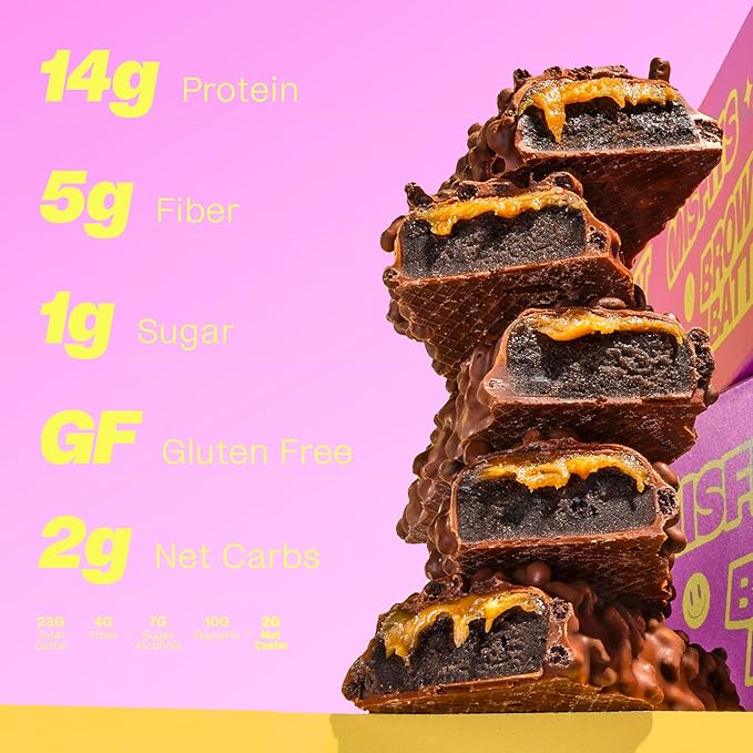 Misfits Vegan Protein Bars Brownie Batter - Updated Recipe | Plant Based Low Sugar &amp Carb High Fiber Snacks | Pack of 15