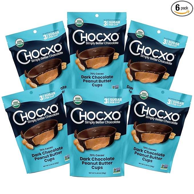 Chocxo Dark Chocolate Peanut Butter Cups - Lower Sugar Organic NonGMO Keto Gluten Free Kosher. No Artificial Sweeteners/Sugar Alcohols 3.45 oz (Pack of 6)