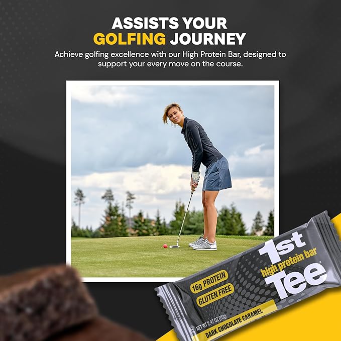 1st Tee High Protein Bar 12 Pack Golf Protein Energy Bars | High Protein and Delicious Dark Chocolate Caramel Flavor | Gluten Free Snack Bar| Including 16 grams of Protein and 3 grams of Sugar