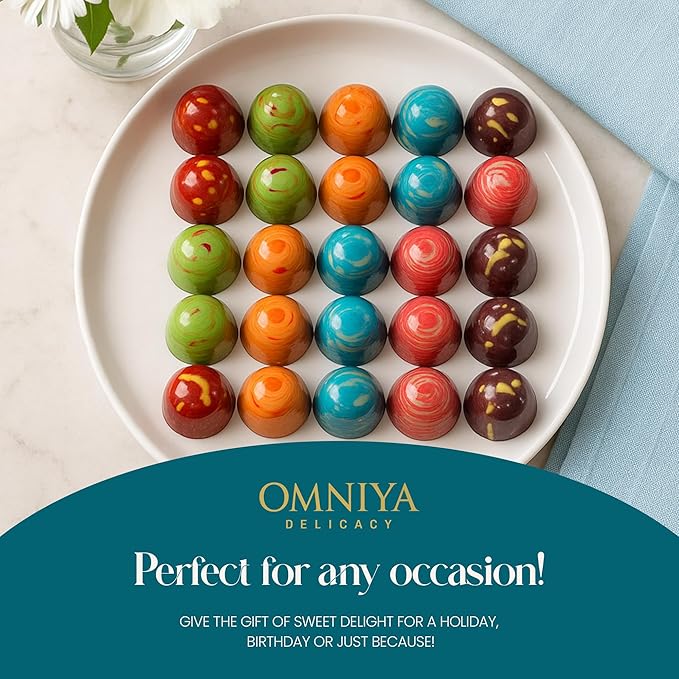 Omniya Delicacy Chocolate Galaxy Bonbon Box – 20 Artisan Bonbons with Gourmet Fillings – Pistachio Hazelnut Coffee Cheesecake Nutella &amp Lemon Feuilletine – Luxury Gift Box 11 oz