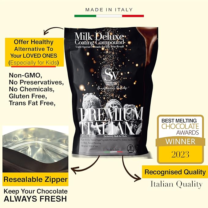 Premium Italian Melting Chocolate Candy Melts 5 Lbs | Only 5 Natural Ingredients | GMO and Gluten Free | Milk DeLuxe Compound Choco | Milk Chocolate Wafers | Resealable Pack | Perfect for Chocolate Fo