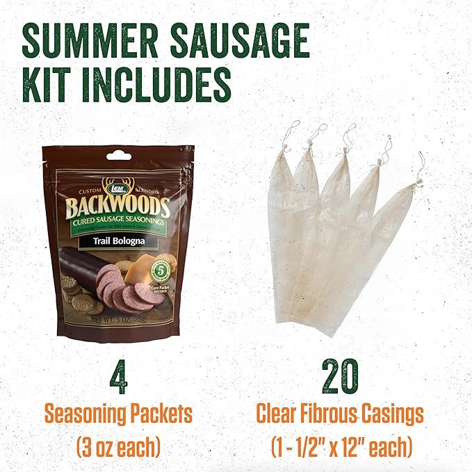 LEM Products Backwoods Trail Bologna Cured Sausage Seasoning Kit Ideal for Wild Game and Domestic Meat Seasons Up to 20 Pounds of Meat 15.2 Ounce Package with Pre-Measured Cure Packet Included