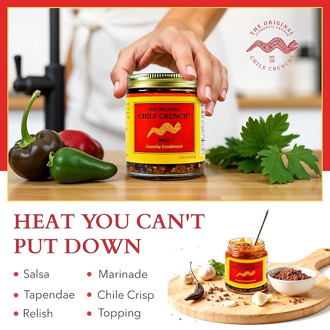CHILE CRUNCH - Mild Spicy Crunchy Condiment - All Natural Roasted Chili Peppers Garlic &amp Onion Crisp Sauce - Vegan Gluten-Free No Preservatives - Homemade Authentic Mexican Recipe 5.5oz (3 Pack