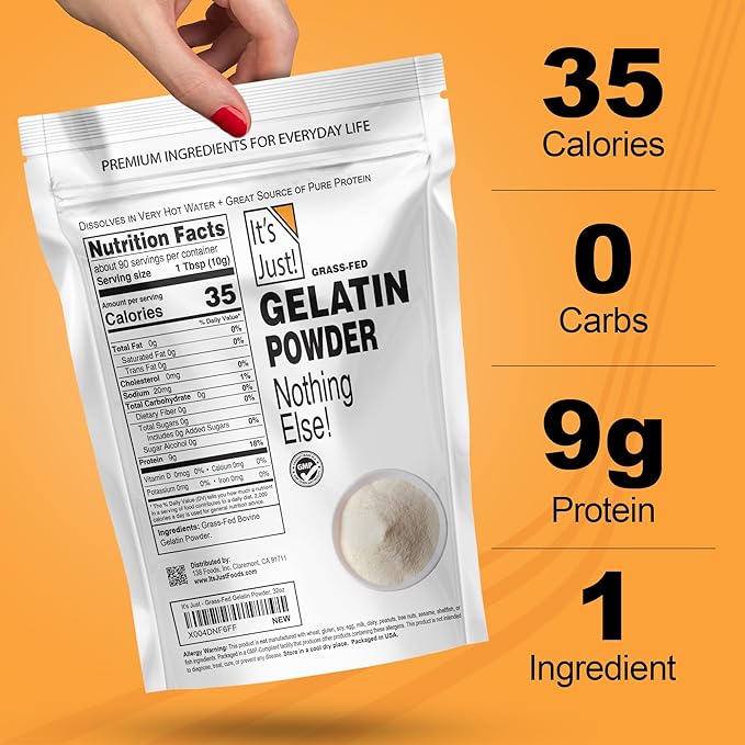 It's Just - 100% Gelatin Powder (2lb) Unflavored Heavy Metal Tested Grass-Fed Bovine (Beef) Source Non-GMO Keto Friendy Perfect for Marshmallows Gummies Desserts 32oz