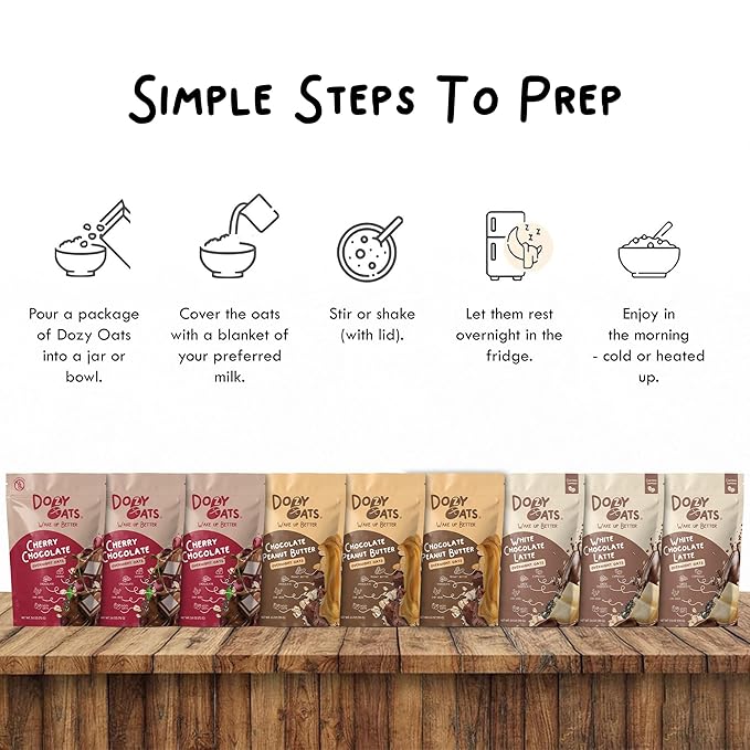Dozy Oats Overnight Oatmeal Packets Chocol'oat Lover’s Variety Box with Rolled Oats Chia Seeds and Date Powder. Gluten-Free Natural Source of Protein and Fiber 9-Pack and Jar