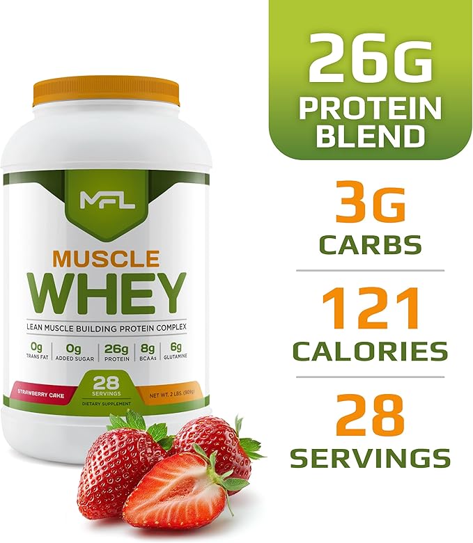 MFL Muscle Whey Protein 2 lbs l 26g of Protein l 8g BCAAs l 6g Glutamine l Low Carbs l 28 Servings (Strawberry Cake)