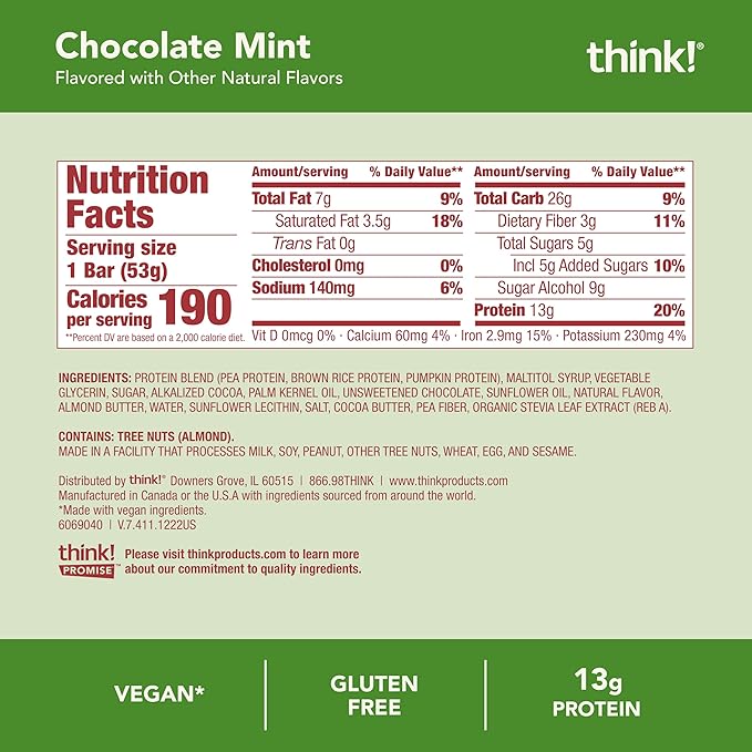 think! Vegan/Plant Based High Protein Bars - Chocolate Mint 13g Protein 5g Sugar No Artificial Sweeteners Non GMO Project Verified 10 Count (Packaging May Vary)
