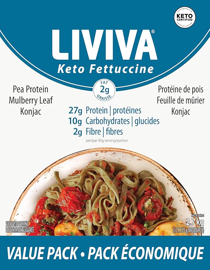 LIVIVA Low Carb High Protein KETO Value Pack Shirataki Pasta – 135 g Protein per Box with Pea Protein &amp Konjac Flour - 8g Net Carbs Diabetic-Friendly - Healthy Al Dente Pasta (12 Pack Fettuccine