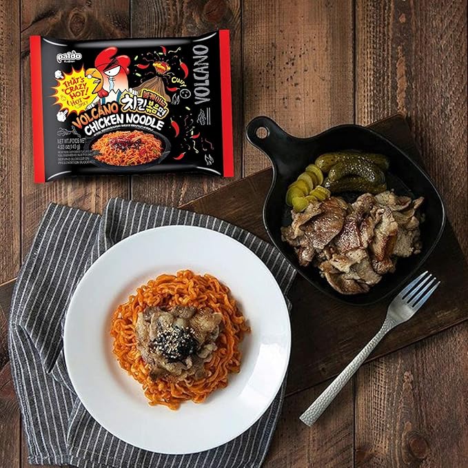 Paldo Fun &amp Yum Volcano Extremely Hot &amp Spicy Stir Fried Chicken Instant Noodles Pack of 8 Soupless Original Korean Ramyun Spicy Ramen Challenge Chicken Bokkeummyun 볼케이노 치킨볶음면 140g (4.93