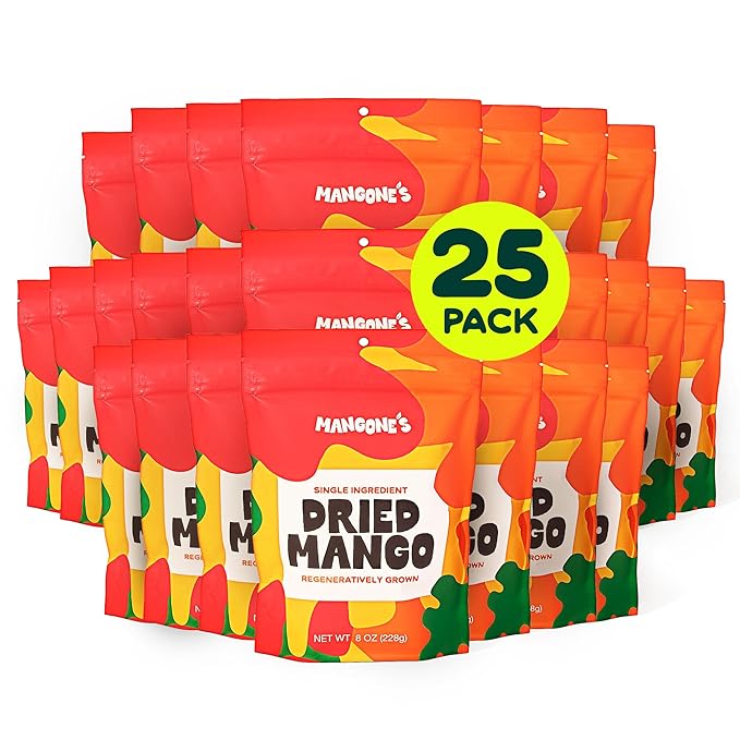 Mangone’s Organic Dried Mango 25 Packs (8 oz each) | Mango Dried Fruit Unsweetened | Single-Ingredient Dehydrated Fruit Slices | 100% Natural Dried Fruit Snacks | Soft Chewy Tropical Snack