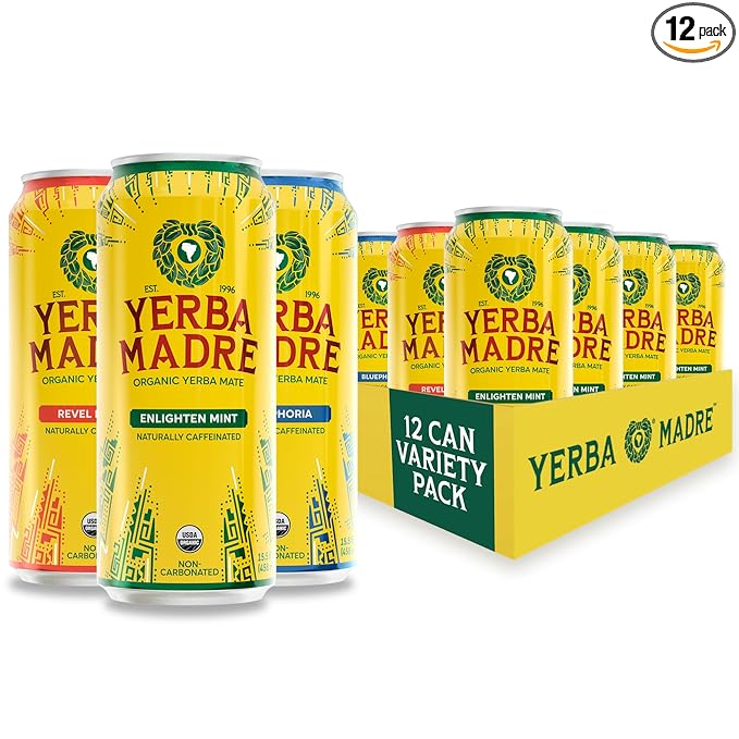 Yerba Madre Organic Yerba Mate Energy Drink Alternative Full-Sugar Variety Pack 150mg Plant Based Caffeine Smooth Energy &amp Focus No Jitters or Crash 15.5oz Cans (Pack of 12)