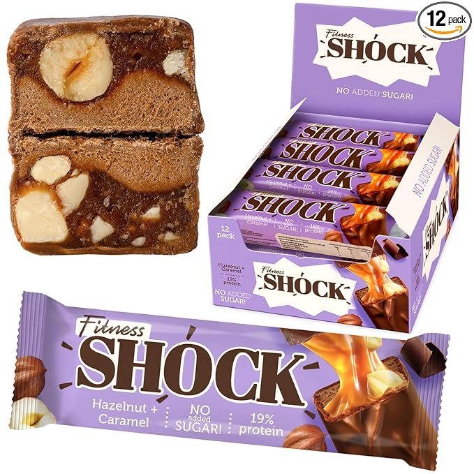 FitnesSHOCK Hazelnut Caramel Protein Bars – Low Sugar Snack Bar (1g Sugar 0g Added Sugar) – 10g Protein – Dessert-Inspired Snack – 12 Count