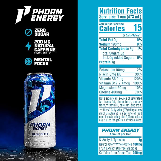 Phorm Energy Drink Blue Blitz Blue Raspberry Flavor 200 MG Natural Caffeine From Green Tea Sugar Free Carbonated Drink With Electrolytes &amp Vitamin B12 Dairy &amp Gluten Free Vegan 16 FL Oz
