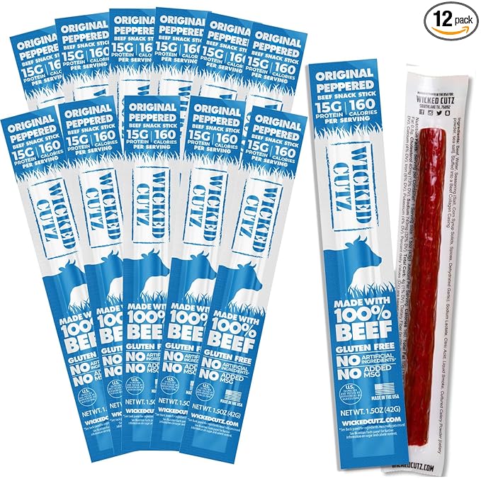 Original Peppered Beef Sticks 15g Protein Per Beef Stick Tender &amp Juicy Extra Large Meat Stick USA Made High Protein Meat Sticks Carnivore Snacks (12 Pack)