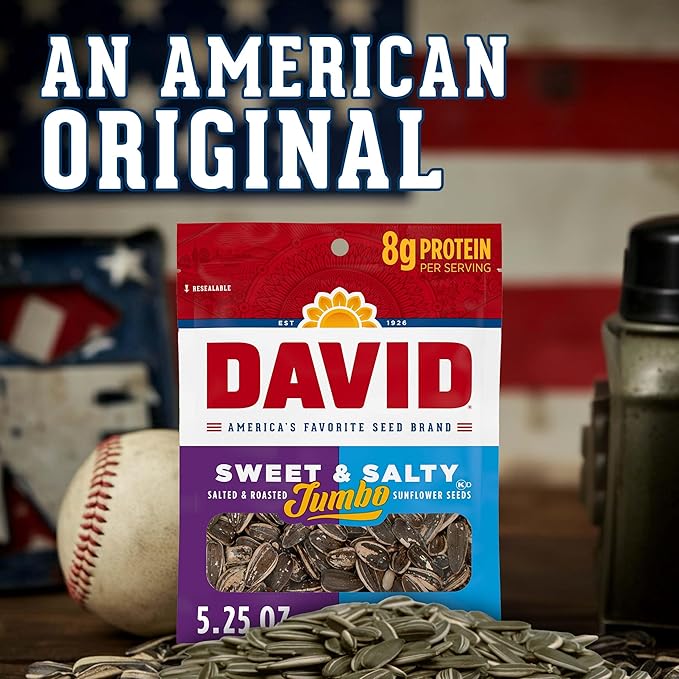 DAVID Roasted and Salted Sweet and Salty Jumbo Sunflower Seeds Keto Friendly 5.25 oz 12 Pack