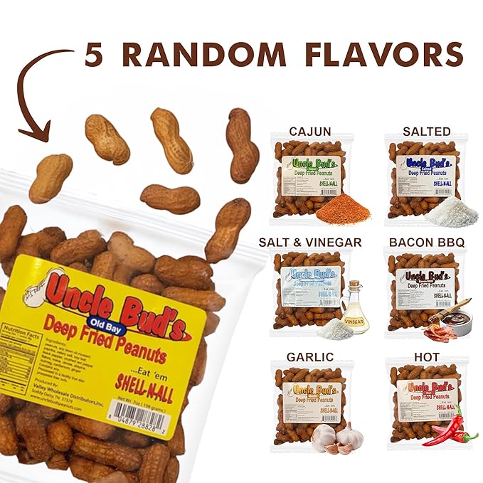 Uncle Bud's Deep Fried Peanuts In Shell (5 Pack) Peanuts Individual Packs: Salted Cajun Garlic Hot Old Bay Bacon BBQ Crunchy Flavored Peanut Variety Pack Spicy Peanuts Hot Peanuts In Shell