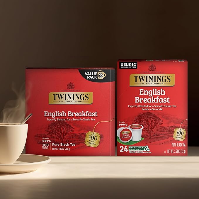 Twinings English Breakfast Tea K-Cup Pods 24 Count (Pack of 1) + English Breakfast Tea Bags 100 Count (Pack of 1)