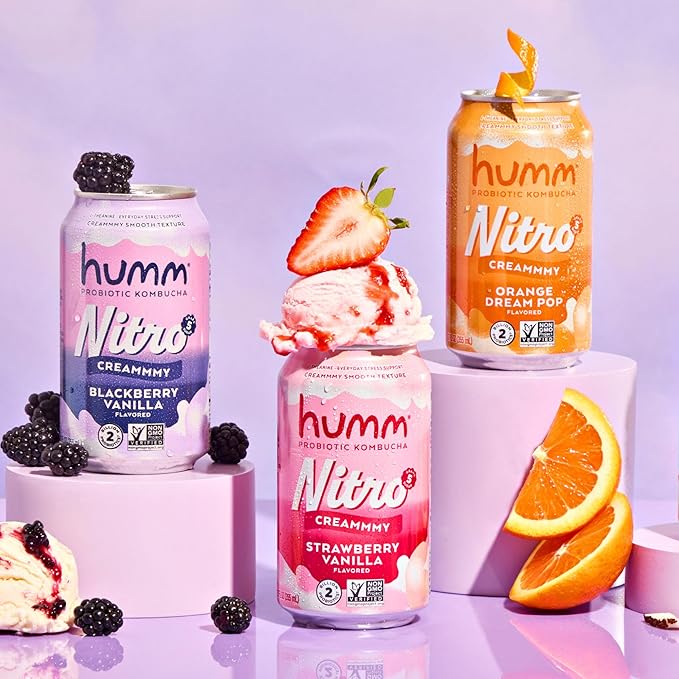 Humm Nitro Kombucha Variety Pack Creamy Smooth Probiotic Drink with L-Theanine Includes Blackberry Vanilla Orange Dream Pop &amp Strawberry Vanilla Non-GMO Vegan Gluten Free 12 fl oz (Pack of