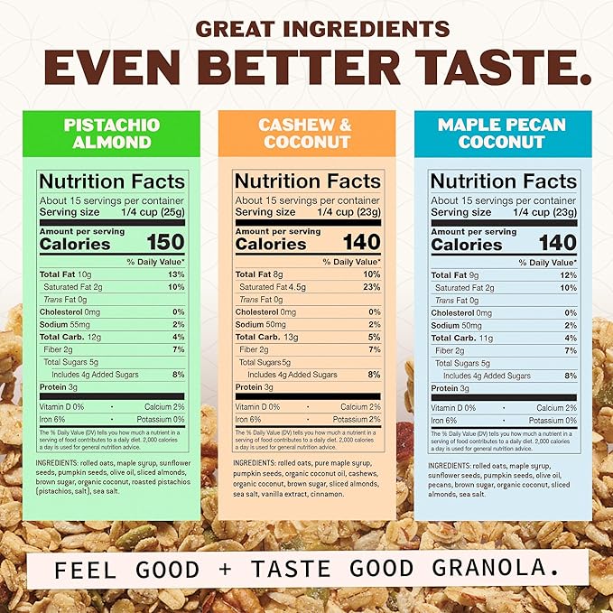 Hudson Henry Granola Variety Pack for Yogurt Snacking &amp Cereal | Maple Pecan Coconut Cashew Coconut &amp Pistachio Almond Granola | Gluten Free Non-GMO Small Batch Baked | 3 Pack (12 oz Bags)