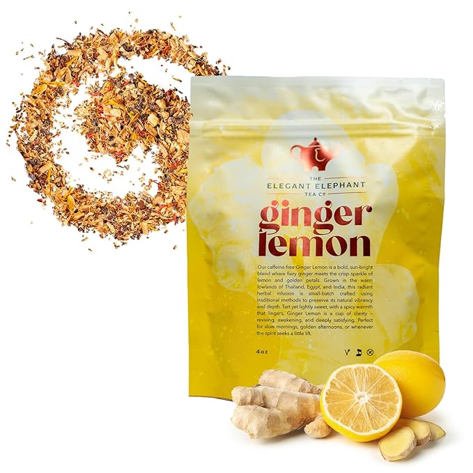 Ginger Lemon Tea Loose Leaf Herbal Tea – Helps Reduce Nausea and Motion Sickness – Detox &amp Immunity Support – Drink Hot or Iced – 4 oz Resealable Bag (Makes 50 Cups) – The Elegant Elephant