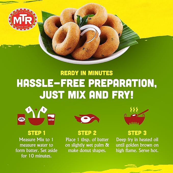 MTR Instant Vada Mix - Ready to Cook Authentic Indian Breakfast Lunch Dinner or Snack Meal - No Added Preservatives - A Quick &amp Easy Recipe Suitable for Vegetarians - (200g Pack of 6)