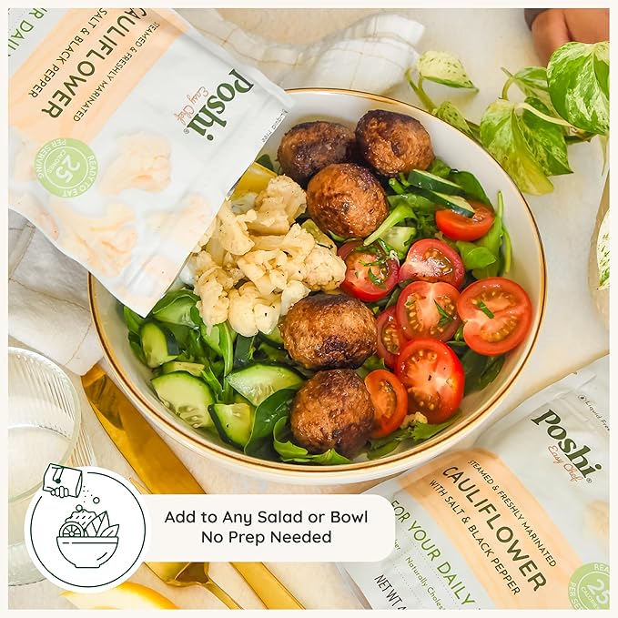 POSHI Marinated Cauliflower Florets with Salt + Black Pepper Natural Keto Vegan Non GMO Low Carb + Calorie Gluten Free Ready to Eat Fully Cooked Vegetables Pentry Food Gourmet 6 Pack 4.4 oz