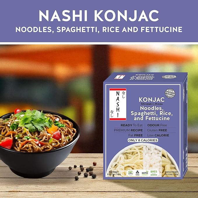 Nashi Konjac Shirataki Premium Mix Pack (8×190g) – Odour-Free Vegan Low-Calorie Fat-Free Keto-Friendly &amp Low-Carb Diet | Noodles Rice Spaghetti &amp Fettuccine | Healthy Ready-to-Eat