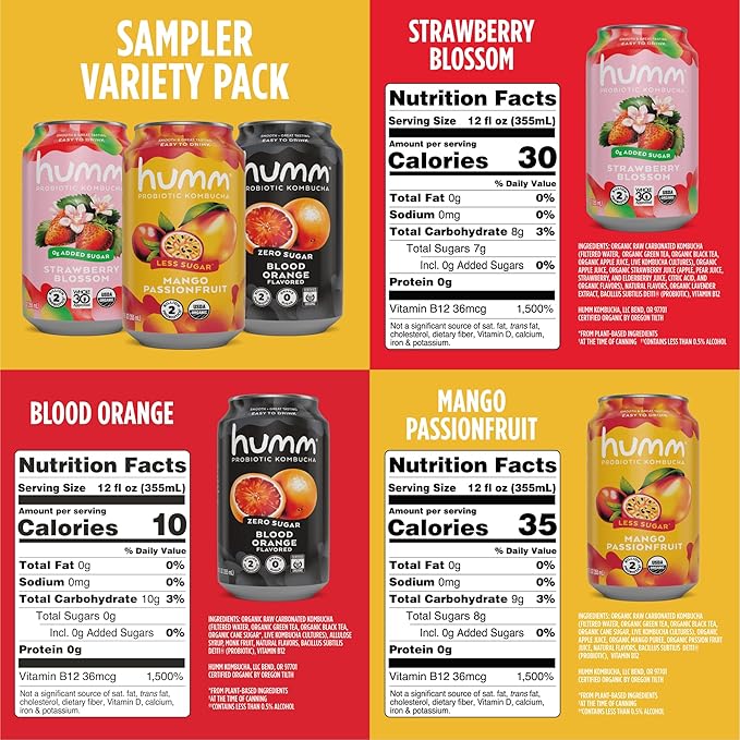Humm Kombucha Sampler Pack Includes Original Mango Passionfruit Kombucha Zero Sugar Blood Orange Whole30 Approved Strawberry Blossom (Pack of 12)