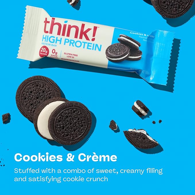 think! Protein Bars High Protein Snacks Gluten Free Kosher Friendly Cookies and Crème Nutrition Bars 2.1 Oz per Bar 10 Count (Packaging May Vary)