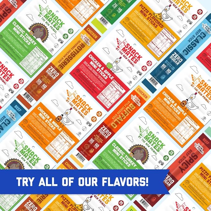 Snack Mates by New Primal Sampler Three Flavor Pack Mini Chicken Sticks High Protein and Low Sugar Kids Snack Certified Gluten Free Soy Free Certified Paleo Lunchbox Friendly 15 Count