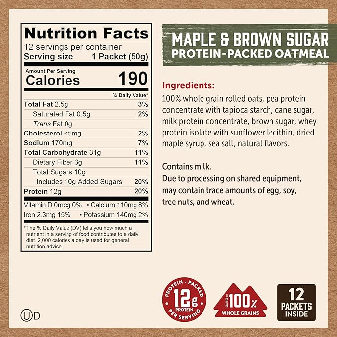 Kodiak Cakes Instant Oatmeal Variety Pack - High Protein - 100% Whole Grains Breakfast Food - Maple &amp Brown Sugar Apple Cinnamon &amp Chocolate Chip (24 Packets)