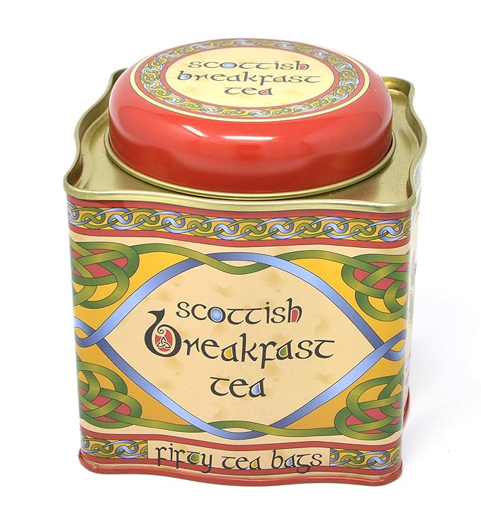Royal Tara Scottish Breakfast Tea- Celtic Weave Metal Tin 50 Irish Tea Bags -Assam Ceylon and Africa Blend Gourmet