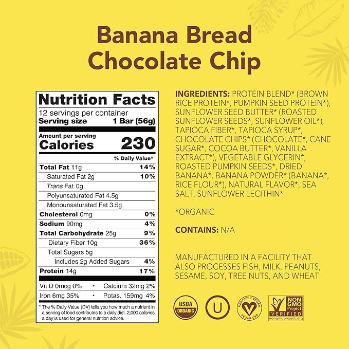 ALOHA Organic Plant Based Protein Bars - Banana Bread Chocolate Chip - 12 Count 1.9oz Bars - Vegan Snacks Low Sugar Gluten-Free Low Carb Paleo Non-GMO Stevia-Free No Sugar Alcohols