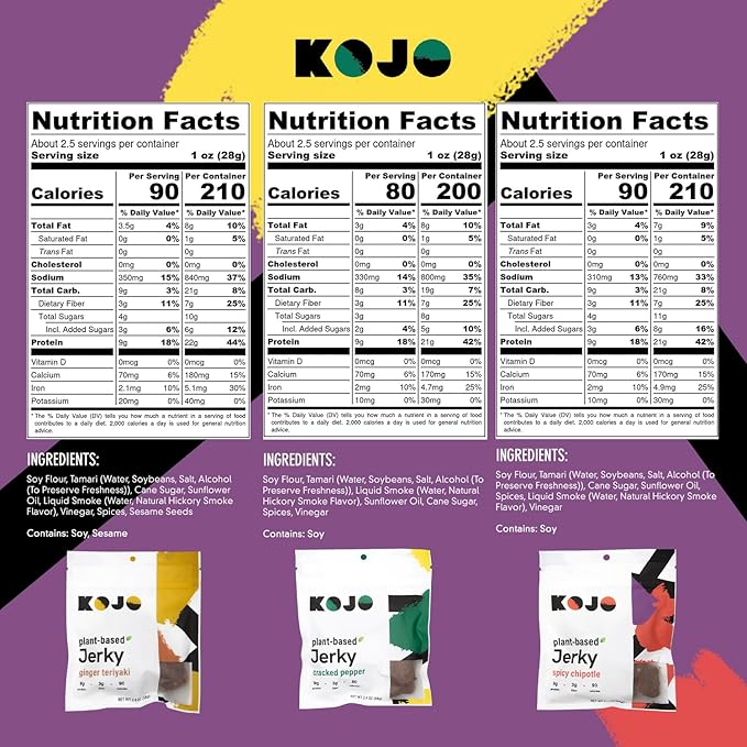 Kojo - Plant-Based Vegan Jerky Variety Pack - Cracked Pepper Ginger Teriyaki Spicy Chipotle 9g Protein 3g Fiber 90 Calories - 6 Bags (2pcs Each)