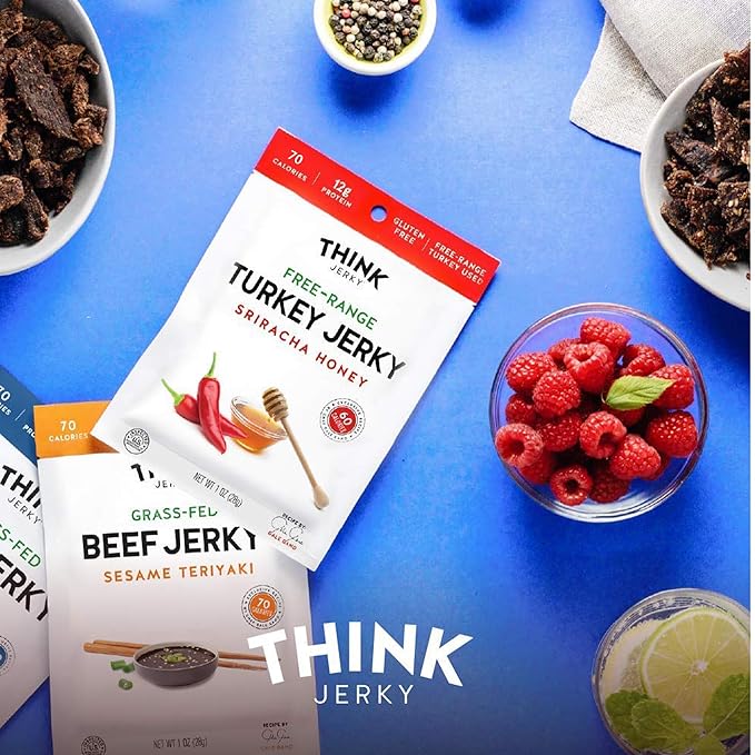 Think Jerky Sriracha Honey Turkey Jerky High Protein Free-Range Turkey Gluten Free No Antibiotics or Nitrates Healthy Chef Crafted Recipe Low Calorie and Low Fat - 2.2 oz Bags 8 Pack
