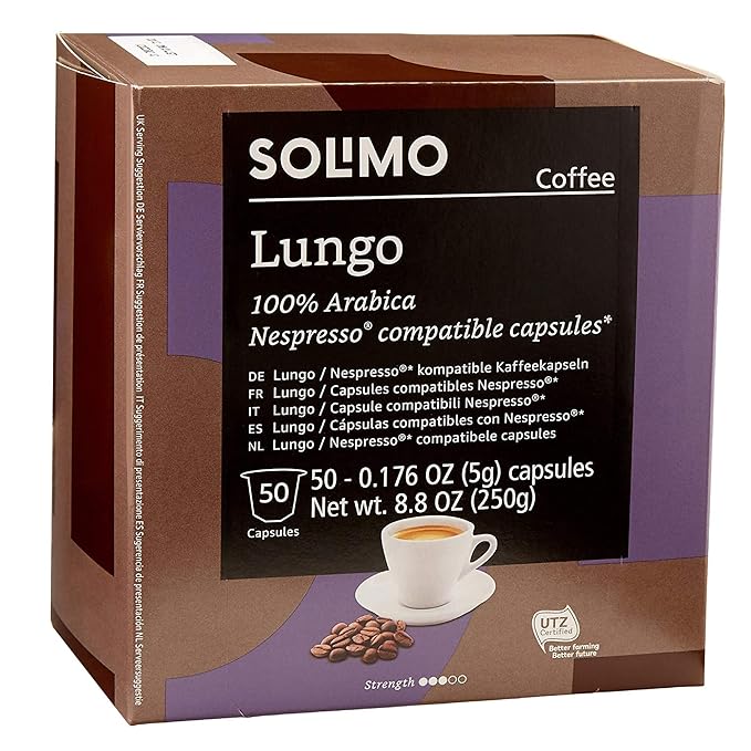 Amazon Brand - Solimo Lungo Capsules Compatible with Nespresso Original Brewers Medium Roast 50 Count (Pack of 1)
