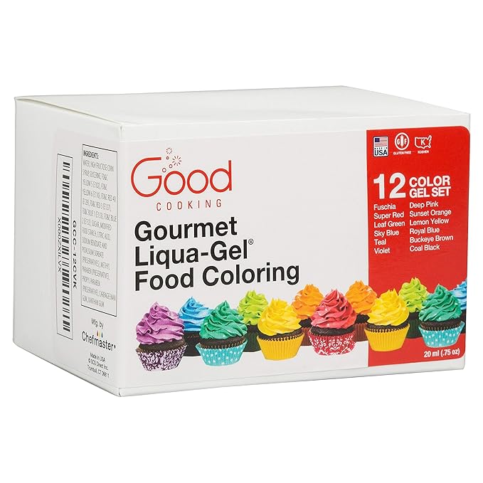 Food Coloring Liqua-Gel 12 Pack (.75ml Bottles) Tasteless Rainbow Color Dye Kit - Christmas Baking Decorating Fondant Frosting Chocolate Cooking Slime Crafts - Made in USA
