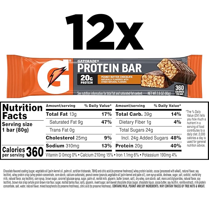 Gatorade Whey Protein Recover Bars Peanut Butter Chocolate 2.8 ounce bars (Pack of 12)