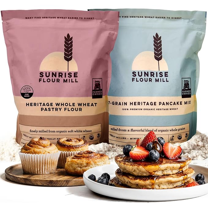 Sunrise Flour Mill Heritage Organic Pancake Mix &amp Whole Wheat Pastry Flour (80 Ounce (Pack of 2)) - Non-GMO Kosher Grown Without Glyphosate Unbleached High Protein Superior Baking