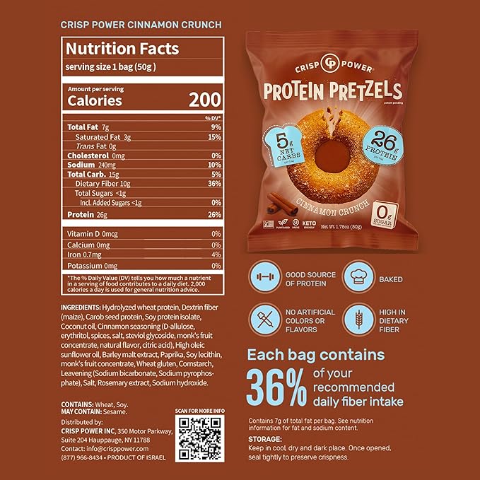 CRISP POWER Protein Pretzels NEW Cinnamon Crunch 26G Protein High Protein Snack High Fiber Low Carb Crunchy Pretzel Snacks No Added Sugar 1.75 oz Bags 6 Pack Vegan Keto