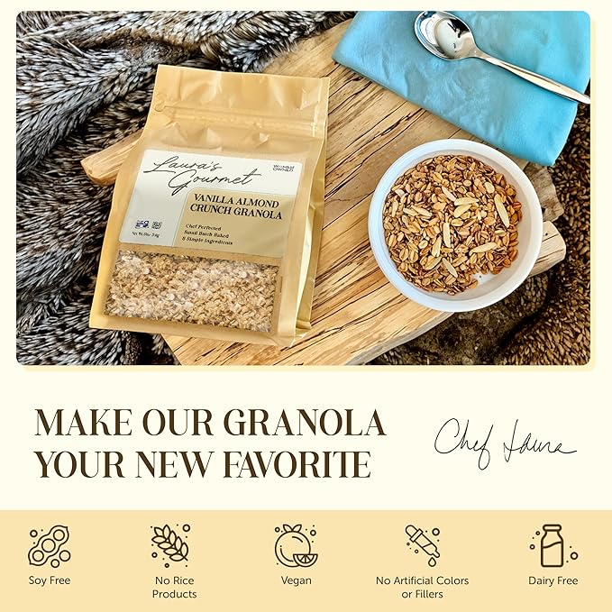Laura's Gourmet Granola - Vanilla Almond Crunch - Gluten Soy &amp Dairy Free - Organic Premium Honey Almonds &amp Pure Ground Vanilla Artisan Chef's Trifecta of Taste Texture &amp Mouthfeel -