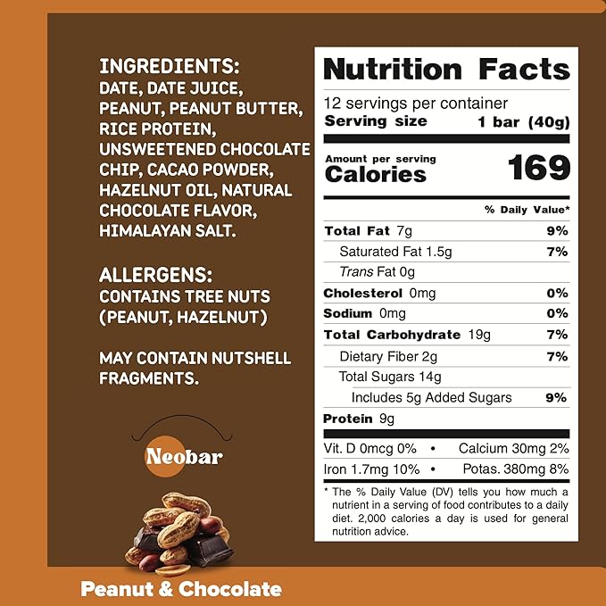 NEOBAR 9g Plant-Based Protein Fruit and Nut Bars - Vegan Snack Bars Gluten Free Dairy Free Snacks No Preservatives No Refined Sugars Added Non-GMO | Peanut &amp Chocolate 12 Count