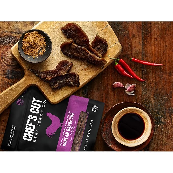 Chef’s Cut Real Chicken Jerky | High Protein Meat Snack with 10 g Protein &amp 70 Calories Gluten Free Keto-Friendly Premium Lean Smoked Chicken Breast | Korean Barbecue | 2.5 oz (Pack of 4)
