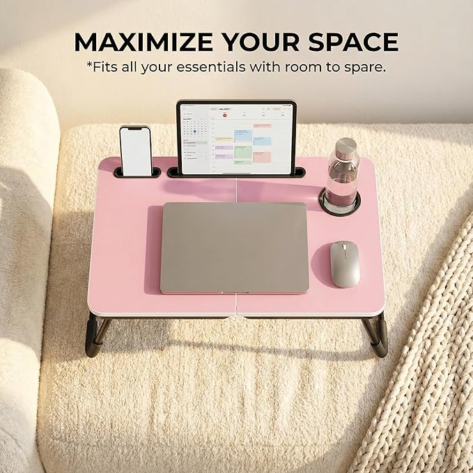 BUYIFY Foldable Laptop Bed Desk for Couch Sofa - Large Lap Desk Tray Table with Cup Holder and Tablet Slot - Portable Notebook Stand for Eating Writing Studying and WFH (Pink)
