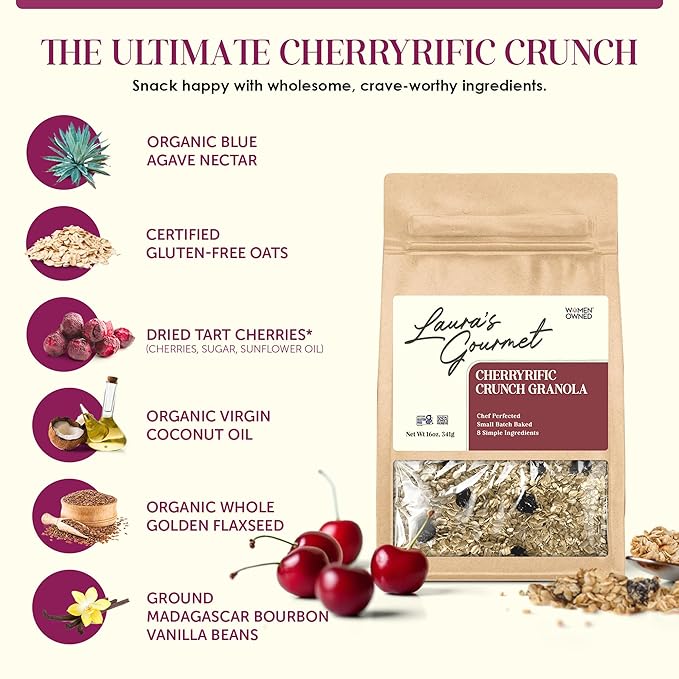 Laura's Gourmet Granola - CherryRific Crunch - Gluten Soy &amp Dairy Free - Organic Agave Chewy Tart Cherries &amp Flax Vegan Artisan Chef's Trifecta of Taste Texture &amp Mouthfeel - 16 OZ
